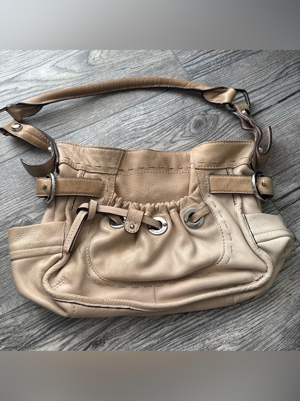 b. makowsky Beige Leather Shoulder Hobo with Grommet Detail